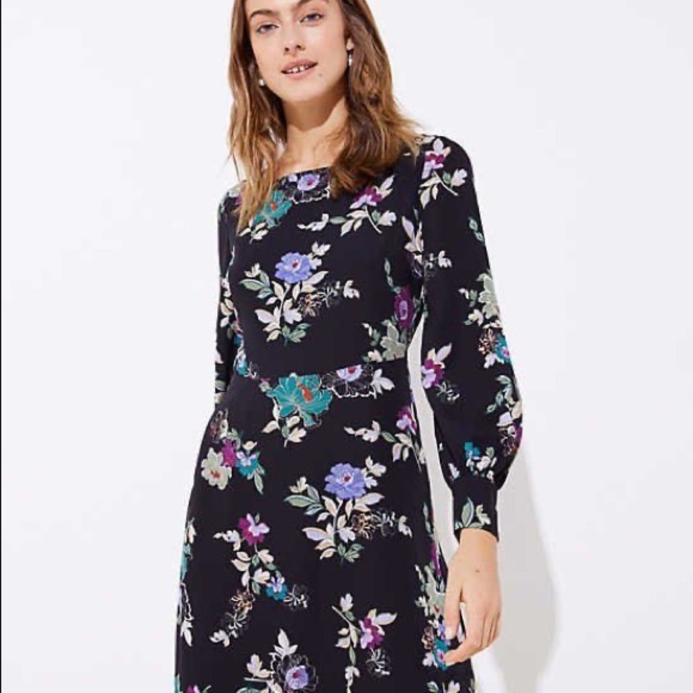 Loft Long Sleeved Black Floral Print Dress Size 12 Petite